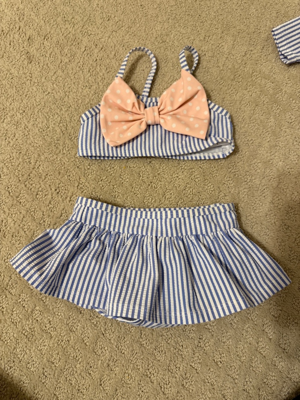 Ruffle Butts Blue and White Stripe Bikini with Peach Polka Dot Bow